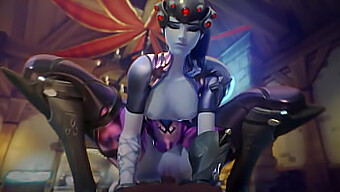 Tegneserie-samling med Mercy fra Overwatch og Widowmaker i eksplicit handling