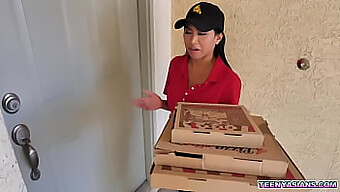 Teen boys Jay Romero and Rion King get pizza delivered by Ember Snow with a threesome surprise