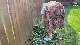 A mature married woman gets trapped in a fence, receives assistance from a neighbor who then has sex with her