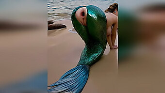 A stranger vigorously had sex with a mermaid on the beach, causing her tight anus to gape after a rough anal encounter outdoors